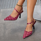Mescini – Burgundy polka dot slingback, flared stiletto heel on foot, US women's sizes