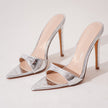 Mescini - Silver pointed open toe stiletto mules pair at an angle, product view, US women's sizes