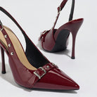 Mescini - Burgundy stiletto heels, close view of the buckle and studs, US women's sizes