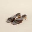 Mescini - Brown peep toe block heel mule pair with check lining, studio view, US women's