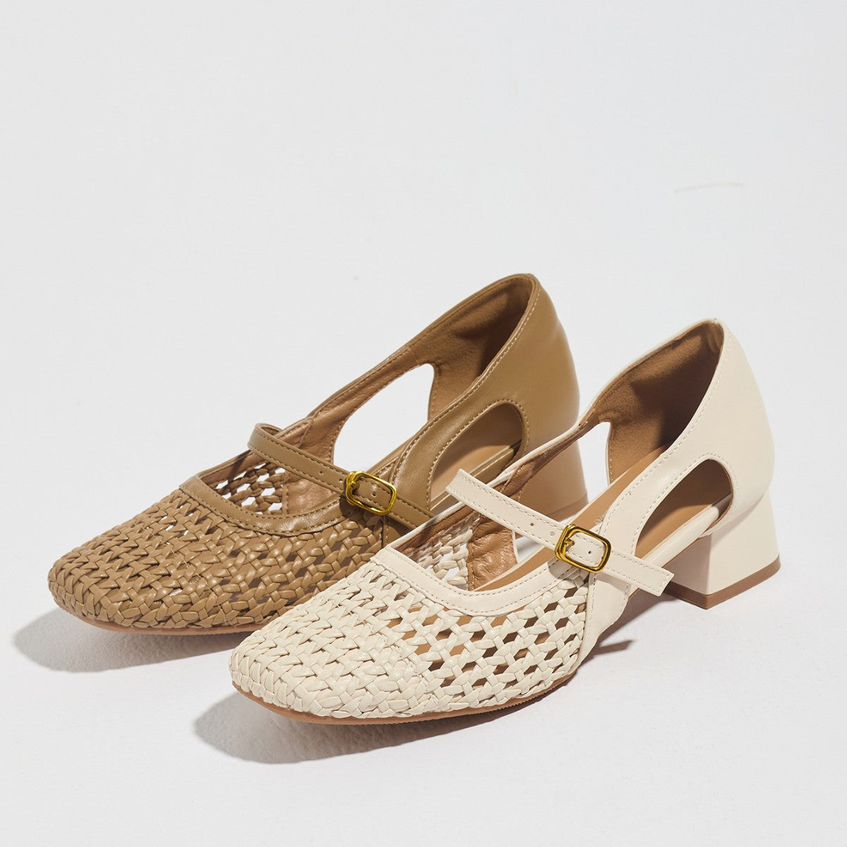 Mescini – cream woven mary jane heels beside a taupe pair, angled view, US women's sizes