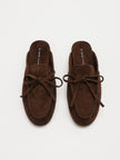 Ischia Bow Front Moccasin Suede Mule Loafers