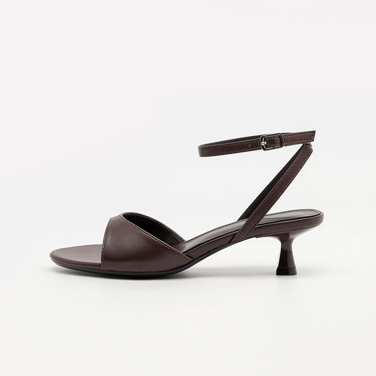 Mescini - Brown open toe sandal single shoe side profile showing the spool heel, US women's sizes