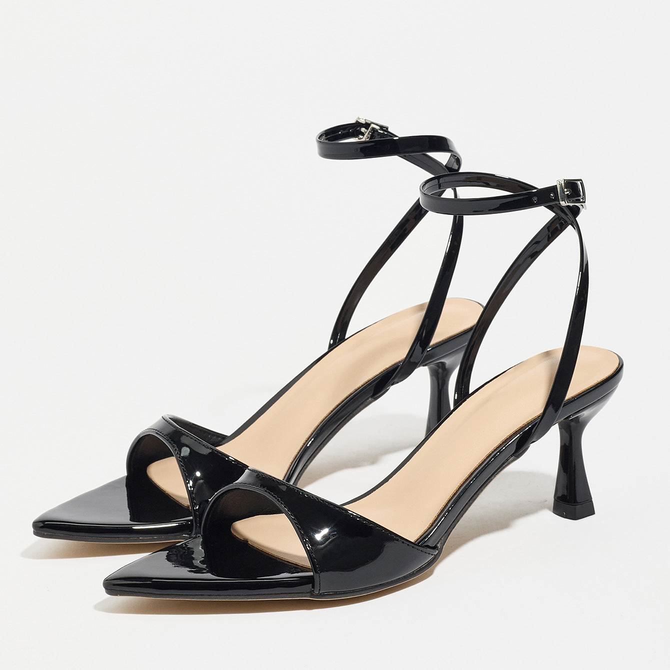 Mescini - Black kitten heel sandal pair on white, spool heel and strap view, US sizes