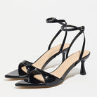 Mescini - Black kitten heel sandal pair on white, spool heel and strap view, US sizes