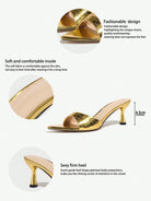 Mescini - Gold mule shown with the heel measured at 6.5 cm, supplier spec view, US sizes