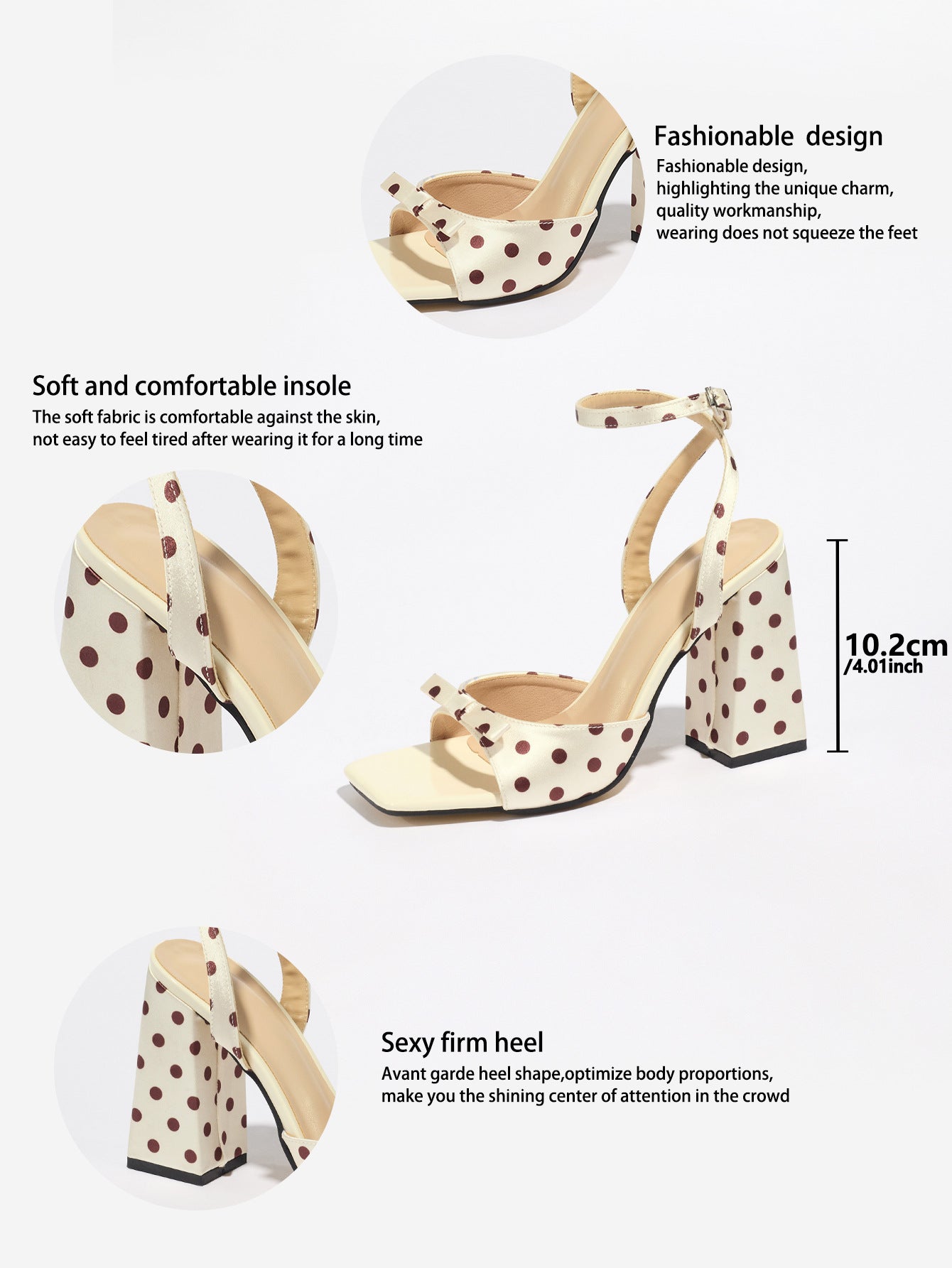 Mescini - Cream polka dot block heel sandal measured at 10.2 cm, spec sheet view, US
