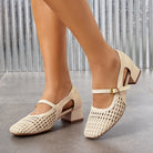 Mescini – cream woven block heel mary janes worn walking, square toe, US women's sizes