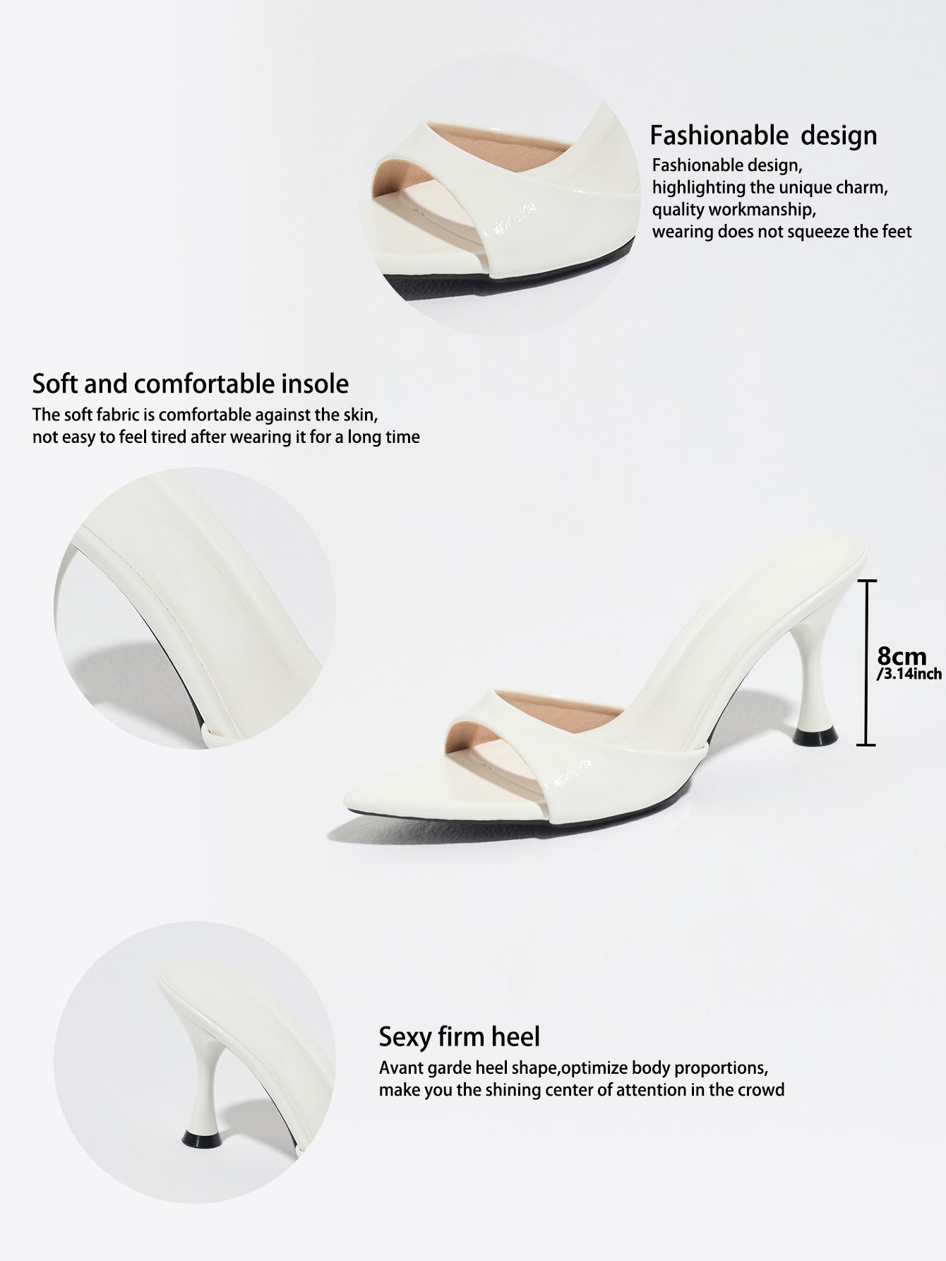 Mescini - White mule heel shown with the heel measured at 8 cm, spec view, US sizes