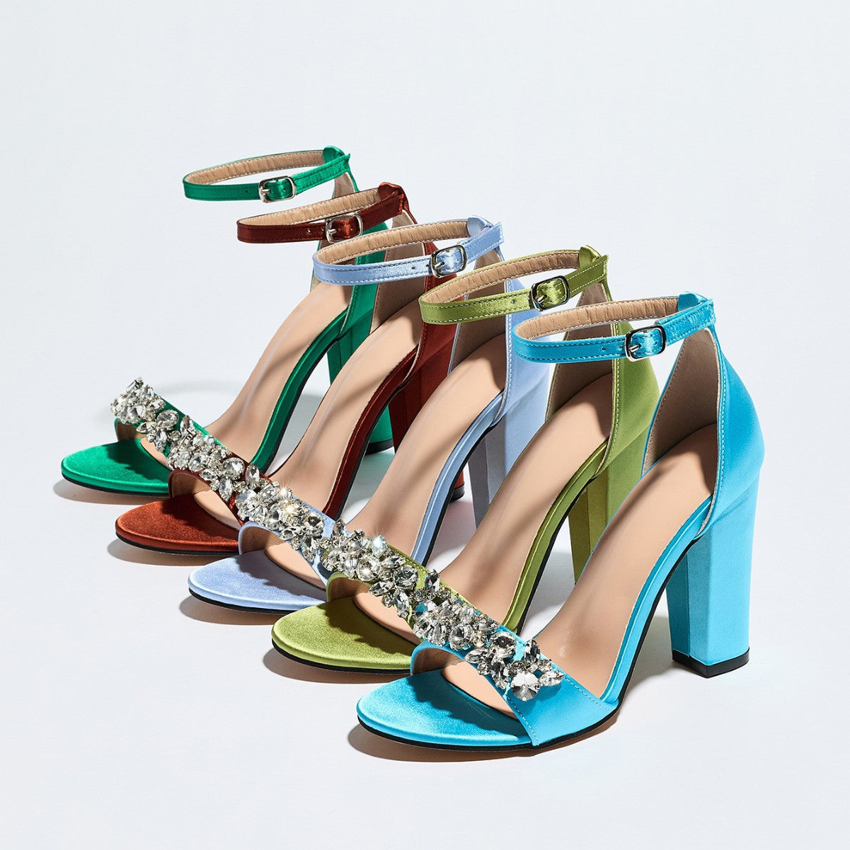 Mescini - crystal strap block heel sandals in five colors, full pair view, US women's sizes