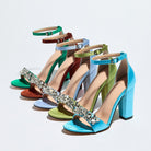 Mescini - crystal strap block heel sandals in five colors, full pair view, US women's sizes