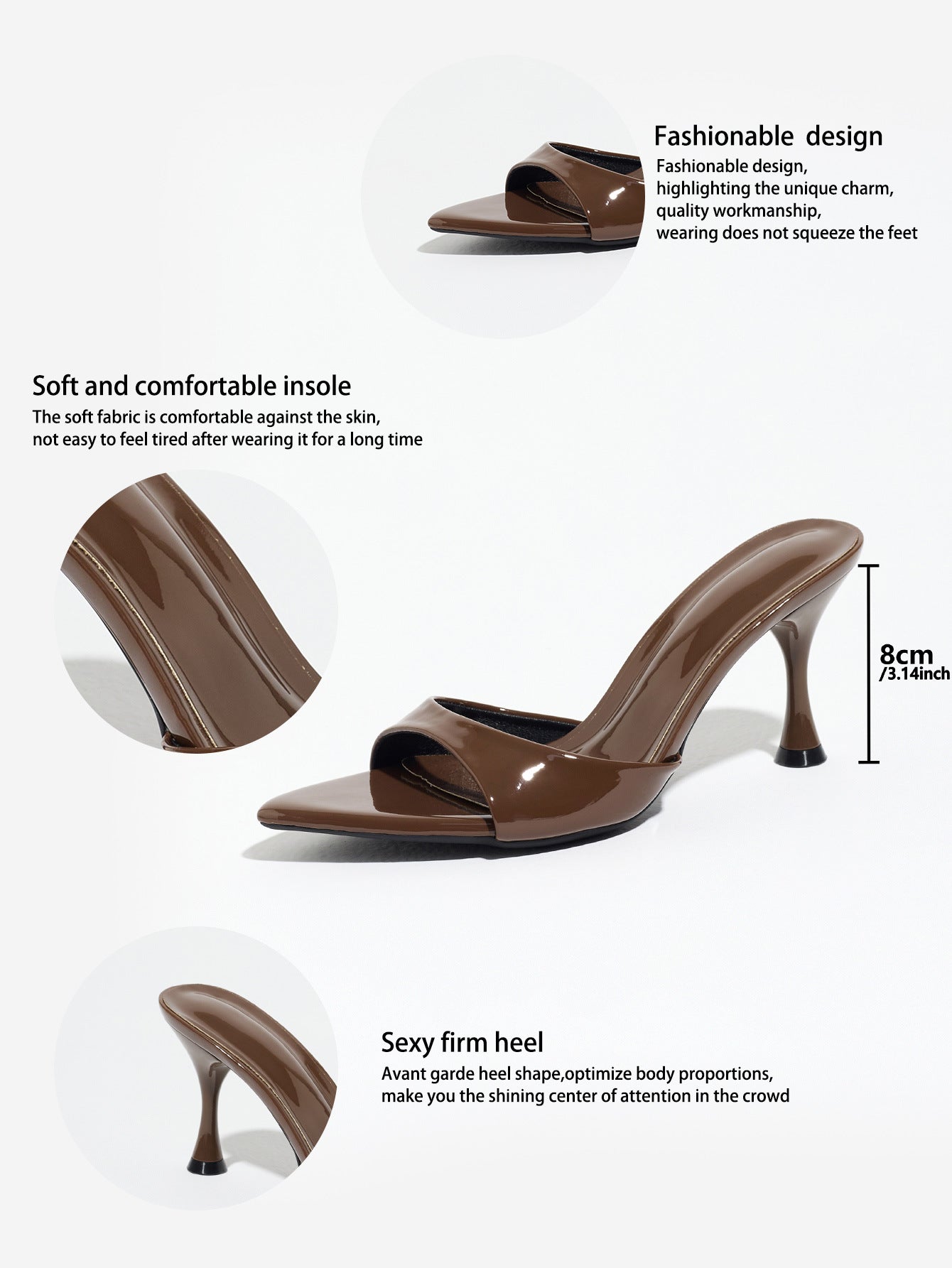 Mescini - Brown mule heel shown with the heel measured at 8 cm, spec view, US sizes