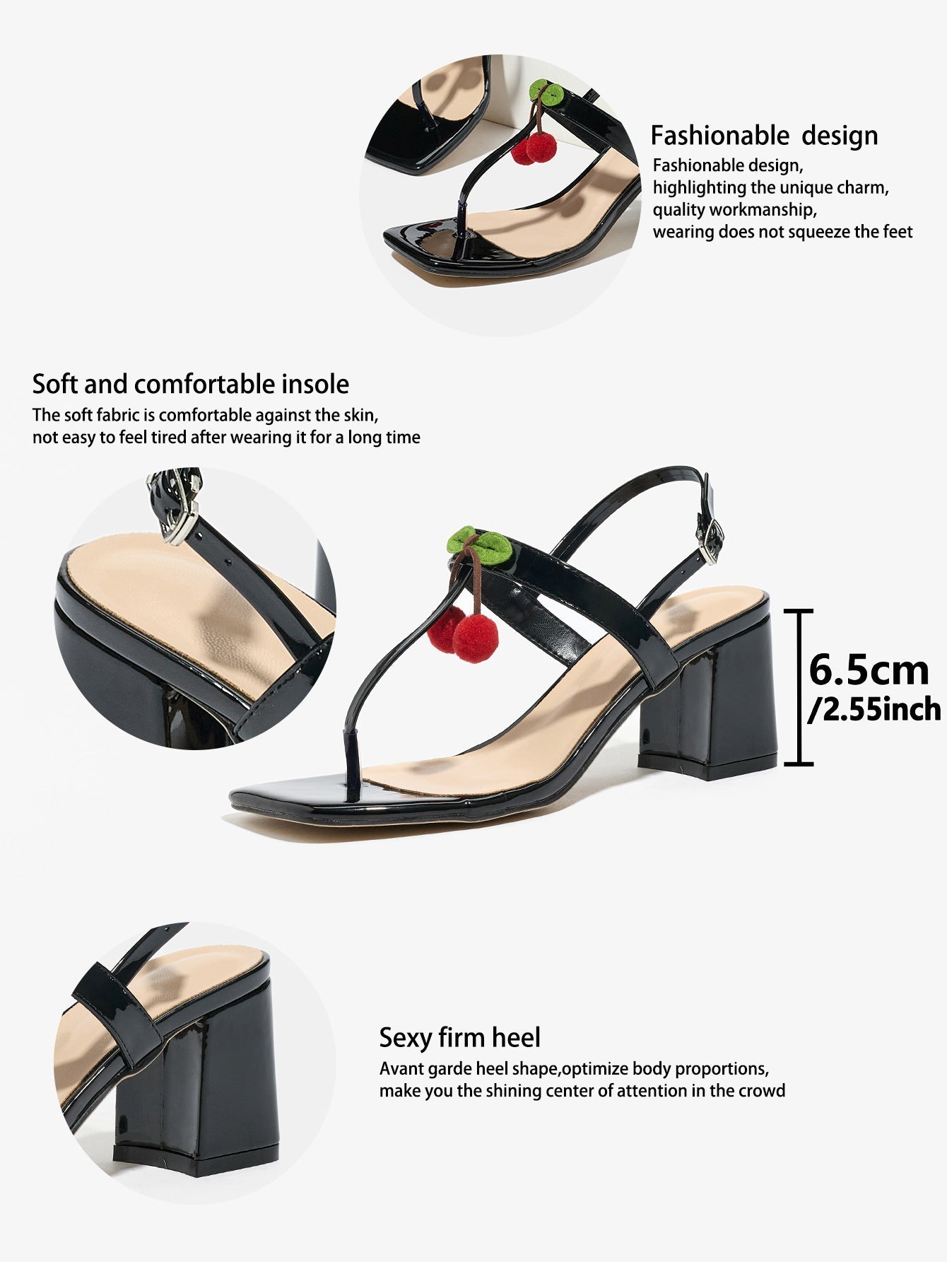 Mescini - Black block heel sandal with the heel measured at 6.5 cm, spec view, US sizes
