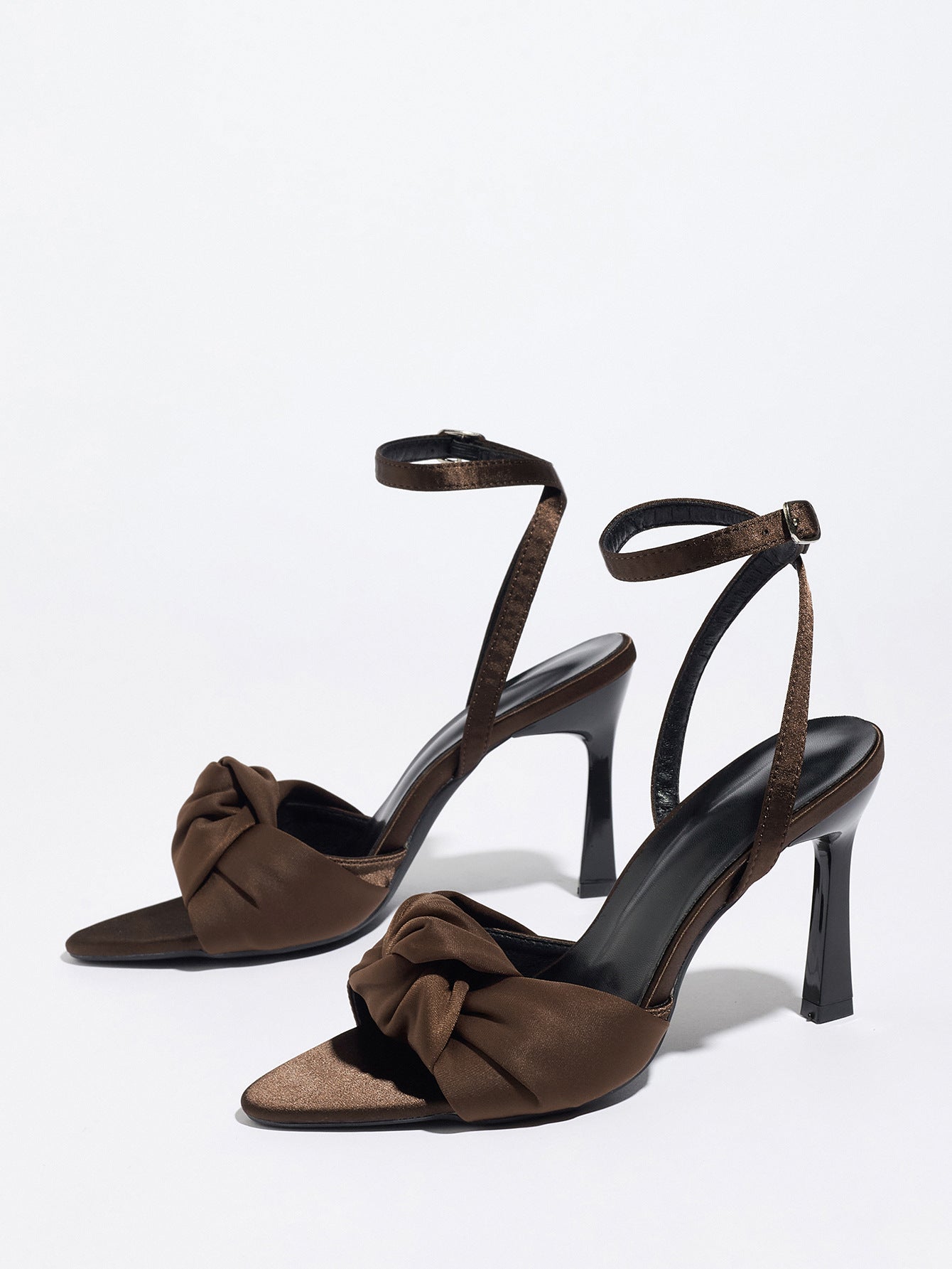 Mescini brown knotted satin ankle strap sandals, angled pair on a pale background, US women's sizes