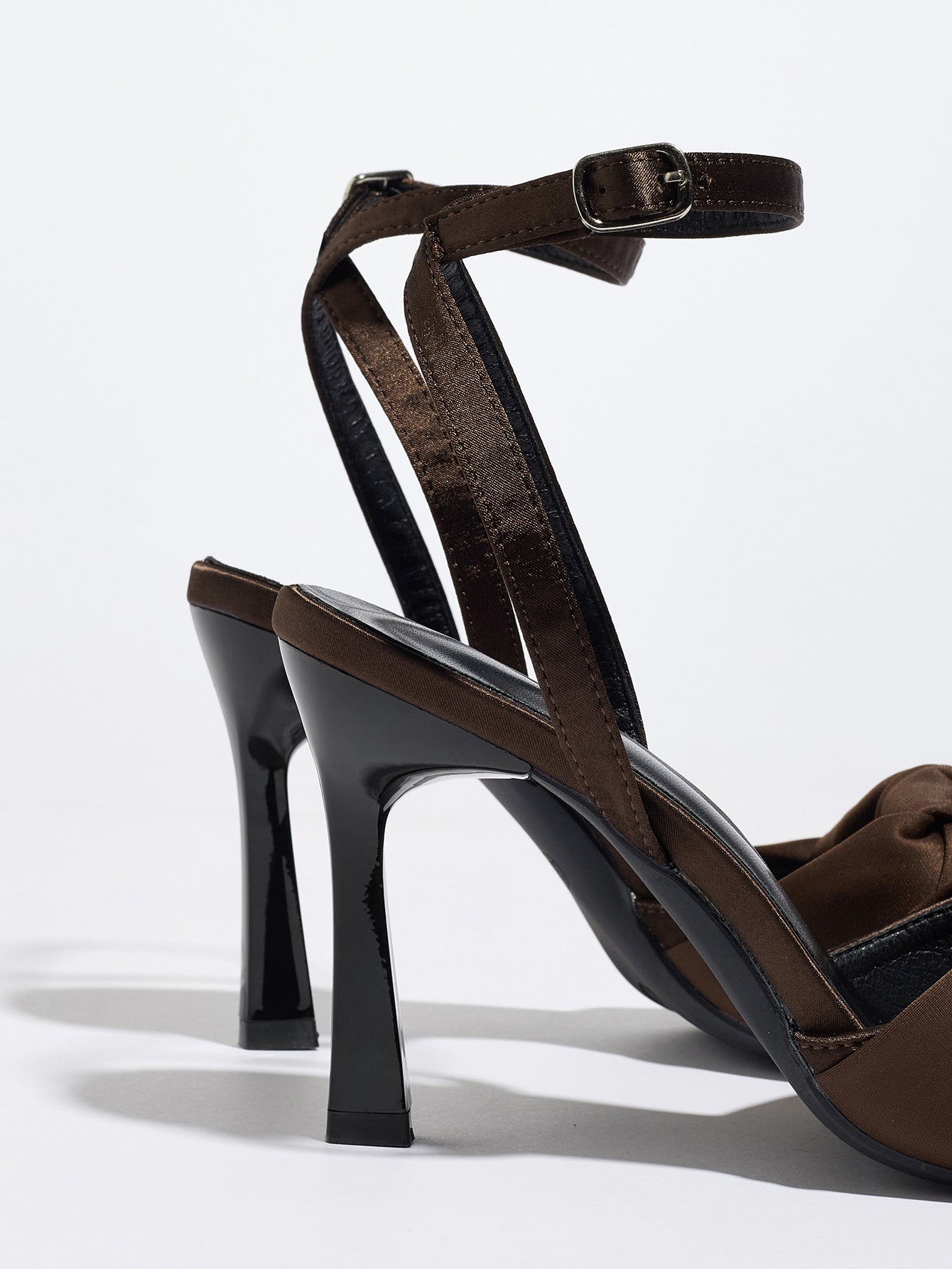 Mescini brown knotted satin ankle strap sandals, back view showing the slim heel, US women's sizes