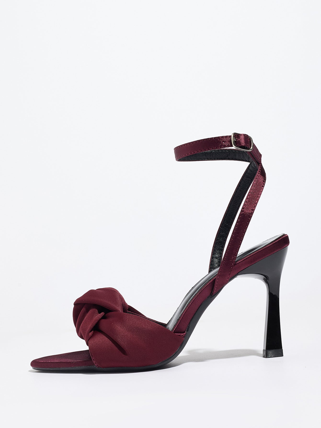 Mescini burgundy knotted satin ankle strap sandals, single shoe seen from the side, US women's sizes