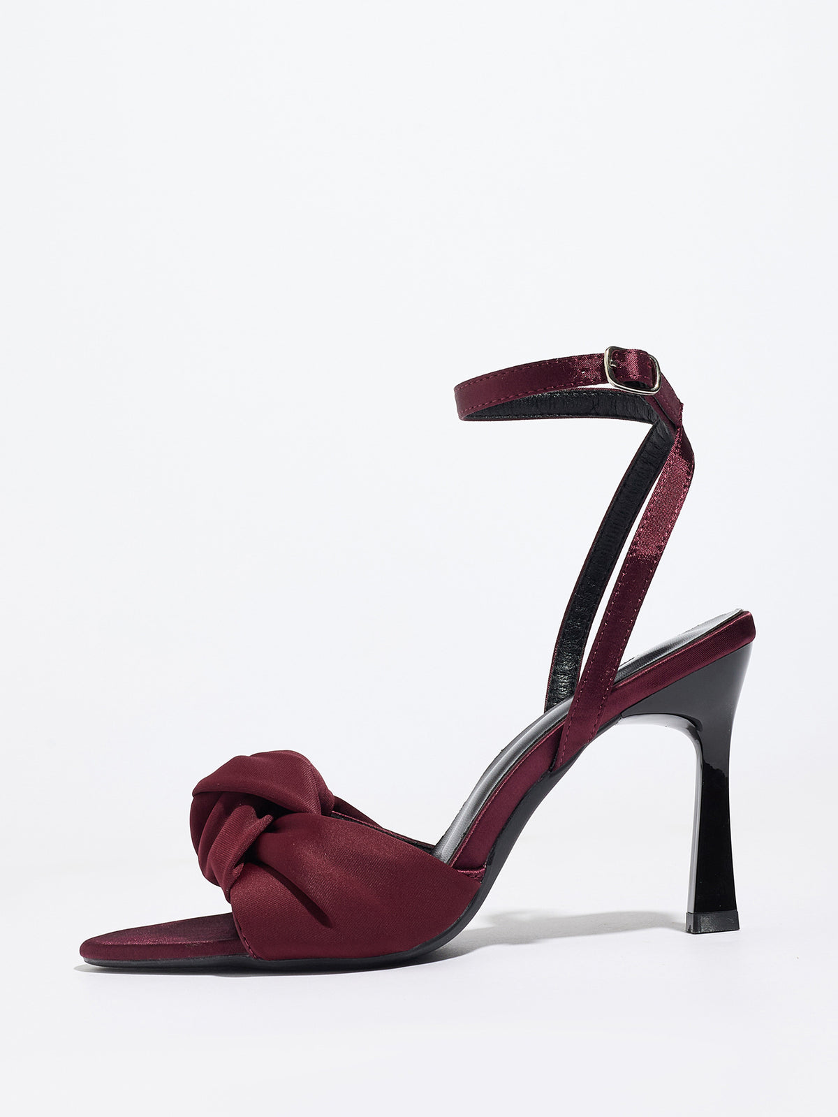 Mescini burgundy knotted satin ankle strap sandals, single shoe seen from the side, US women's sizes