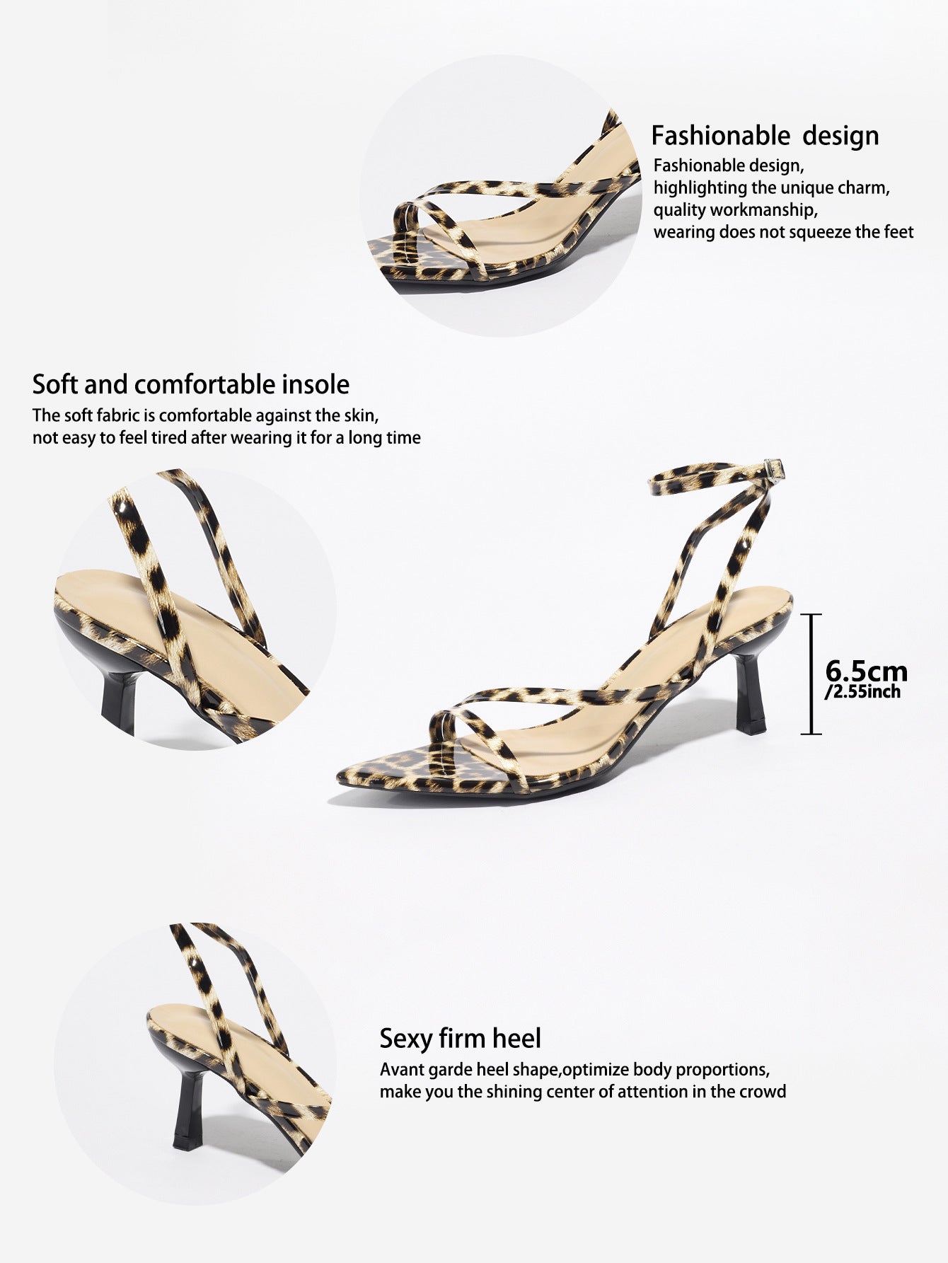 Mescini leopard print strappy heeled sandals, supplier design panel with notes, US women's sizes