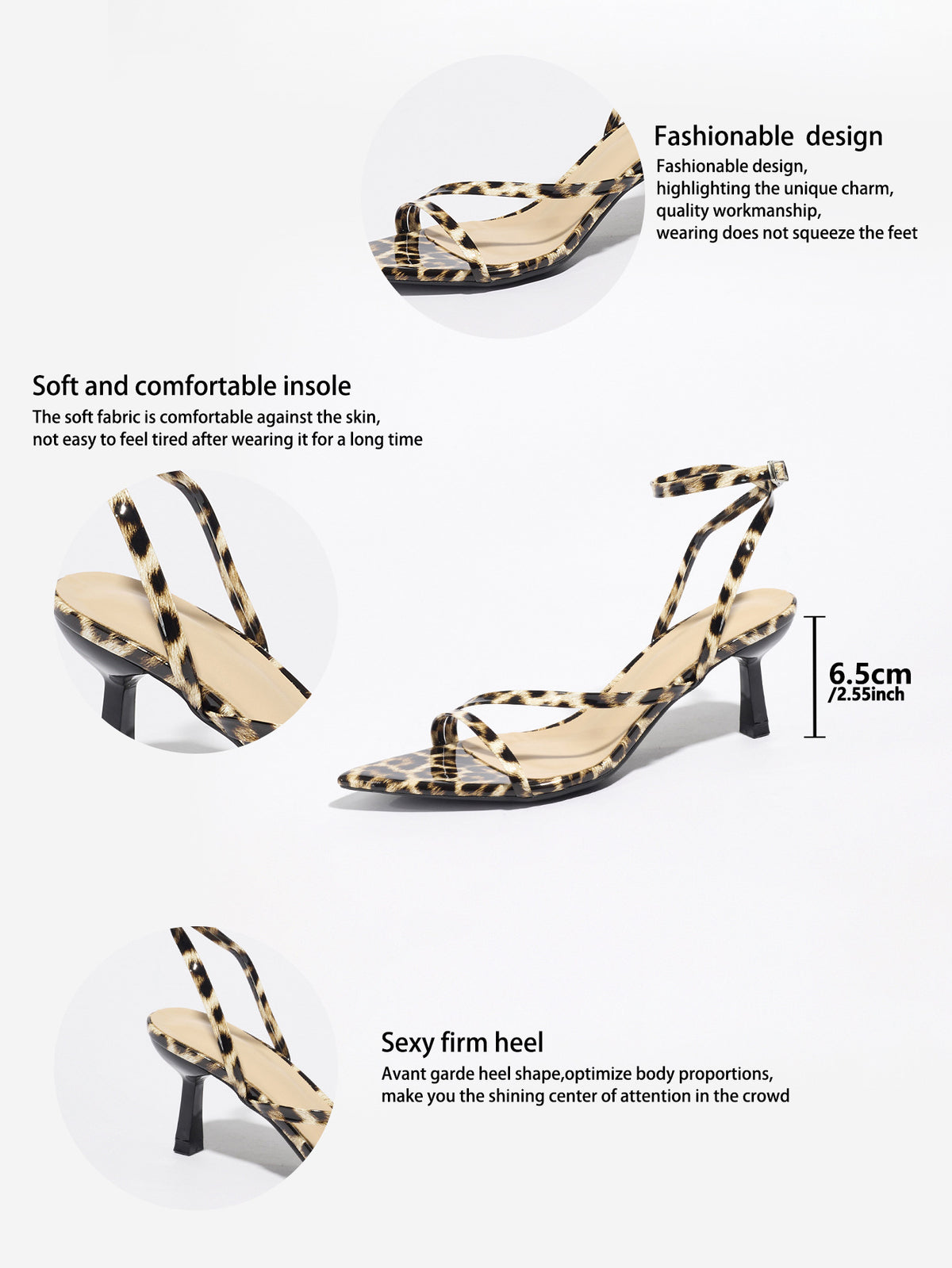 Mescini leopard print strappy heeled sandals, supplier design panel with notes, US women's sizes