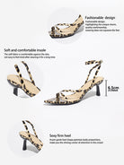 Mescini leopard print strappy heeled sandals, supplier design panel with notes, US women's sizes