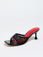 Mescini black lace mesh square toe mule heels, full side view of both shoes, US women's sizes