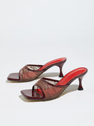 Mescini burgundy lace mesh square toe mule heels, pair angled on a pale backdrop, US women's sizes