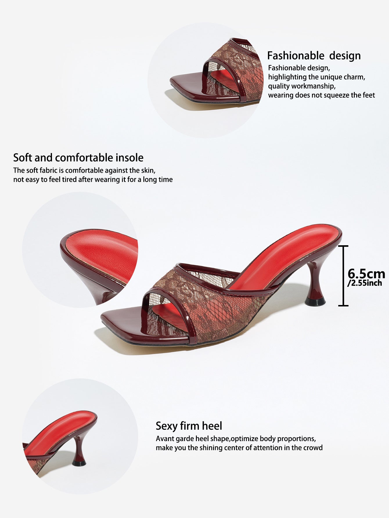 Mescini burgundy lace mesh square toe mule heels, feature graphic with a 6.5 cm callout, US women's sizes