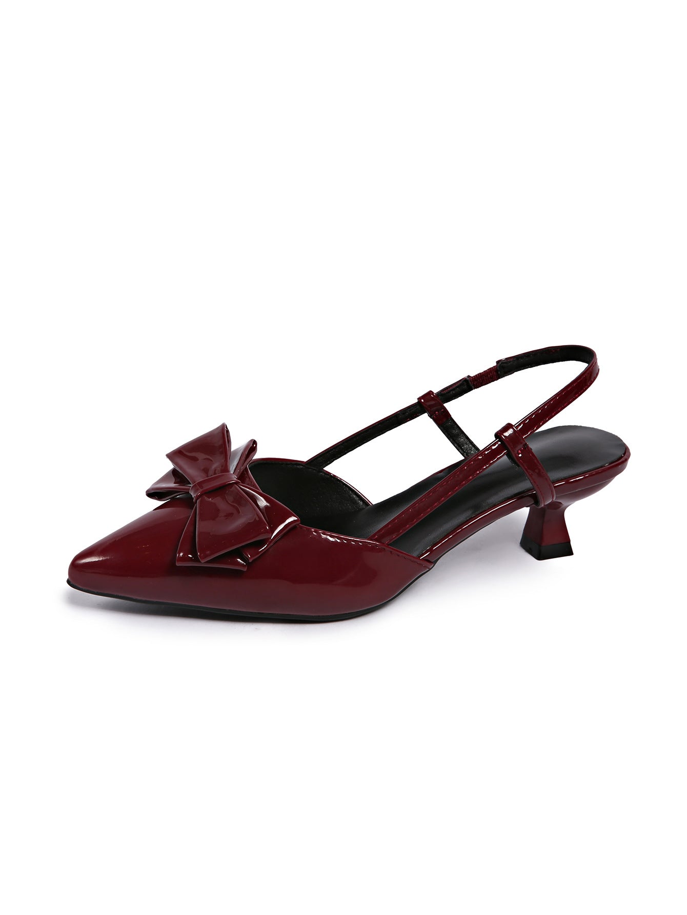 Mescini burgundy bow pointed toe slingback kitten heels, single shoe photographed on white, US women's sizes