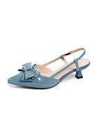 Mescini blue bow pointed toe slingback kitten heels, single shoe on a plain white backdrop, US women's sizes