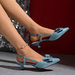 Mescini – blue bow slingback kitten heels, folded bow close-up, US women's sizes