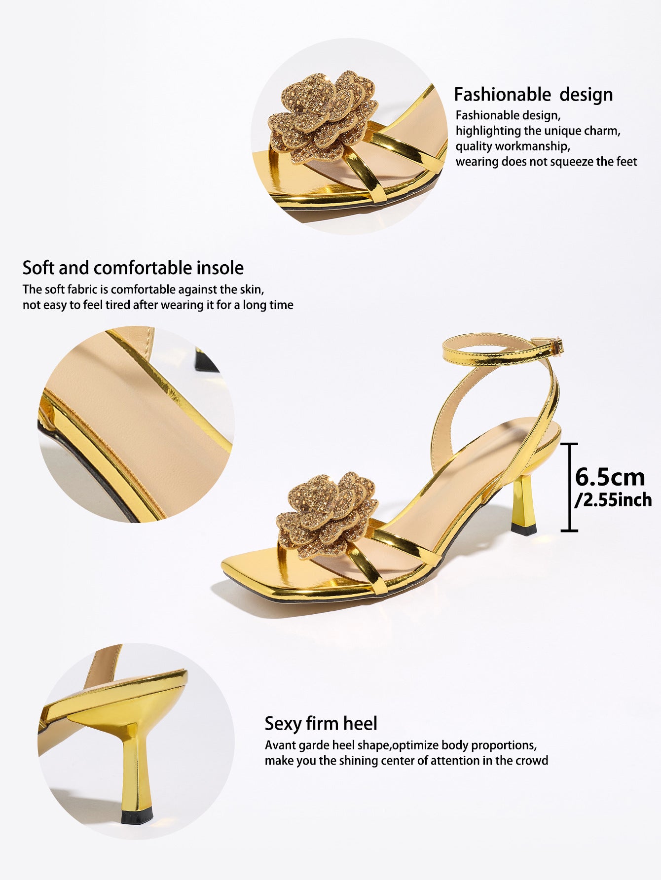 Mescini gold rosette square toe strappy sandals, feature graphic with 6.5 cm height, US women's sizes