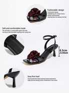 Mescini black rosette square toe strappy sandals, feature graphic with 6.5 cm height, US women's sizes