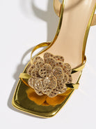 Mescini gold rosette square toe strappy sandals, close up of the glitter flower, US women's sizes