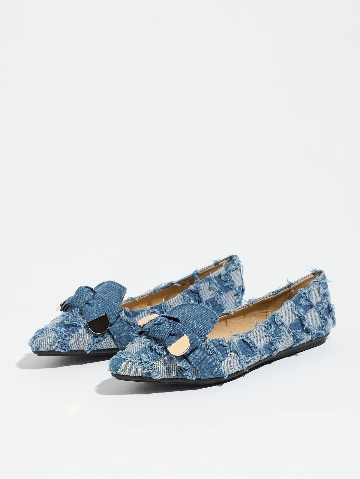 Mescini navy plaid denim bow pointed toe flats, angled pair on a white studio backdrop, US women's sizes