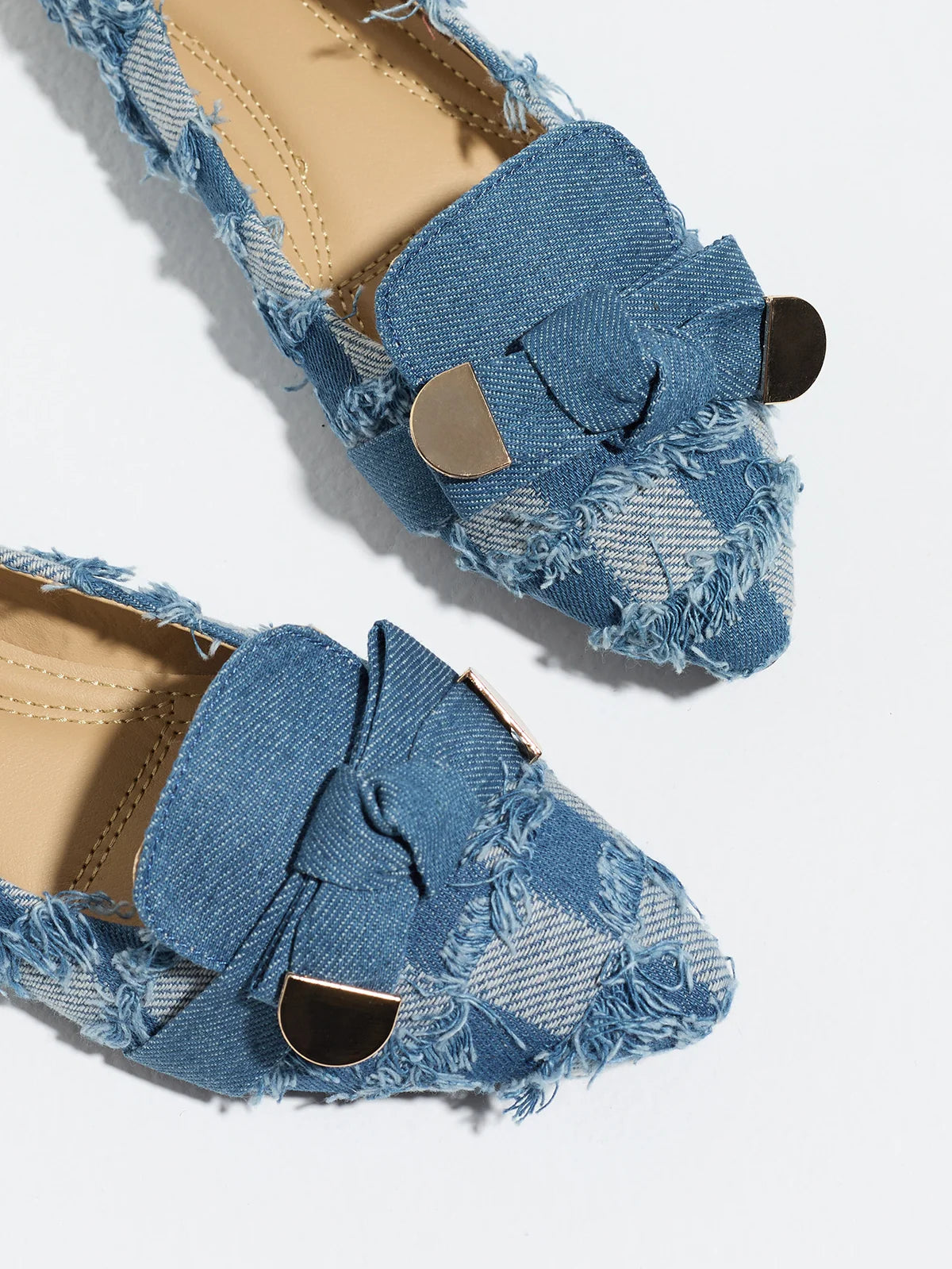 Mescini navy plaid denim bow pointed toe flats, close up of the frayed trim and knot, US women's sizes