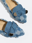 Mescini navy plaid denim bow pointed toe flats, close up of the frayed trim and knot, US women's sizes