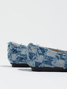 Mescini navy plaid denim bow pointed toe flats, single shoe in side profile on white, US women's sizes