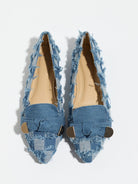 Mescini navy plaid denim bow pointed toe flats, pair viewed from directly above, US women's sizes