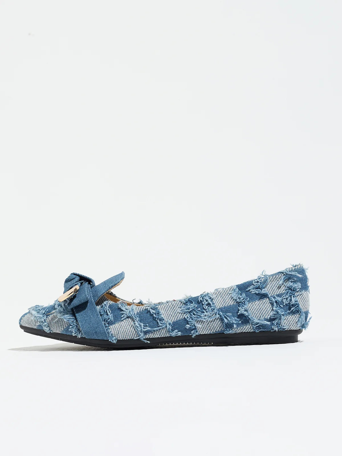 Mescini navy plaid denim bow pointed toe flats, pair seen from the front at an angle, US women's sizes