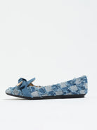 Mescini navy plaid denim bow pointed toe flats, pair seen from the front at an angle, US women's sizes