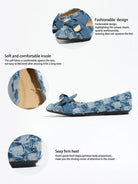 Mescini navy plaid denim bow pointed toe flats, feature panel with insole and sole callouts, US women's sizes
