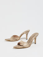 Mescini apricot snake print pointed toe mule heels, low angle view of both shoes, US women's sizes