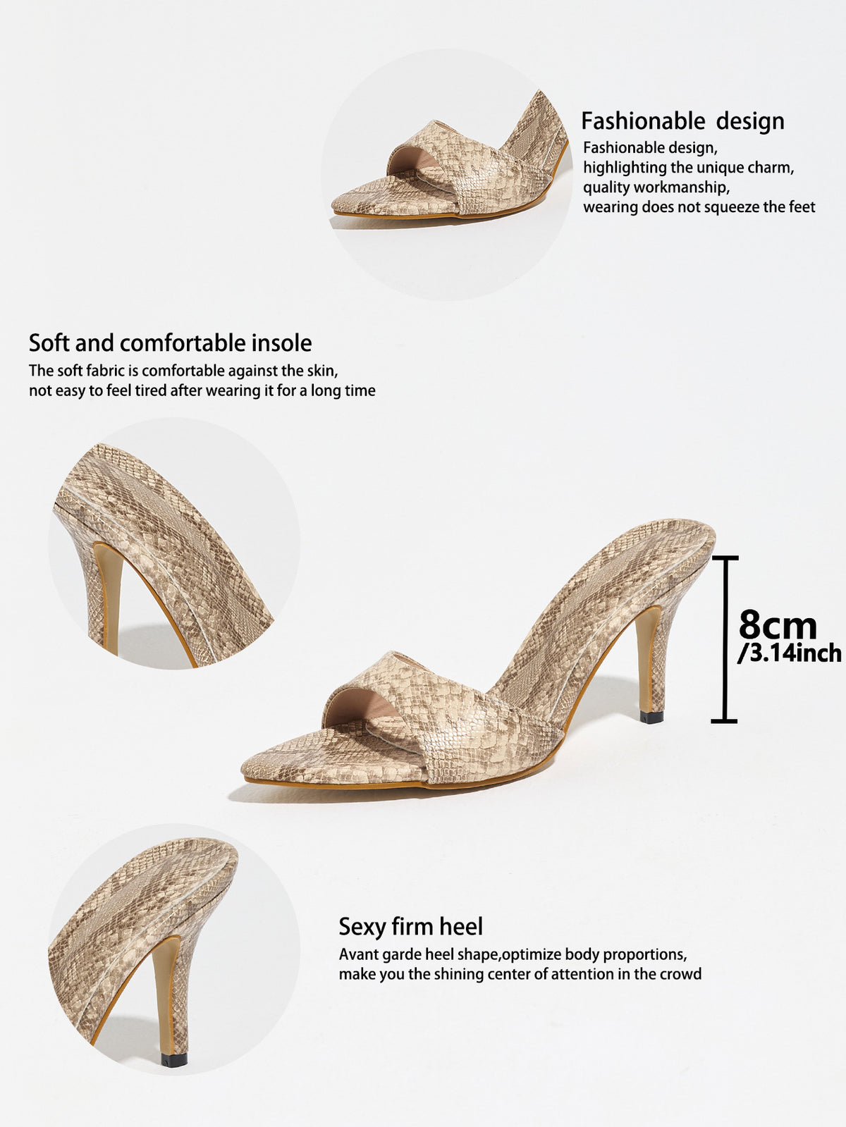 Mescini apricot snake print pointed toe mules, graphic marking the 8 cm heel, US women's sizes