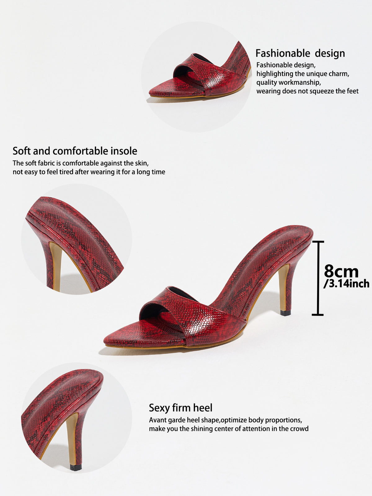 Mescini red snake print pointed toe mules, detail graphic marking the 8 cm heel, US women's sizes