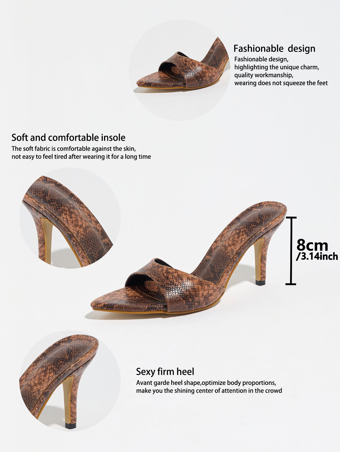 Mescini brown snake print pointed toe mules, detail graphic marking the 8 cm heel, US women's sizes