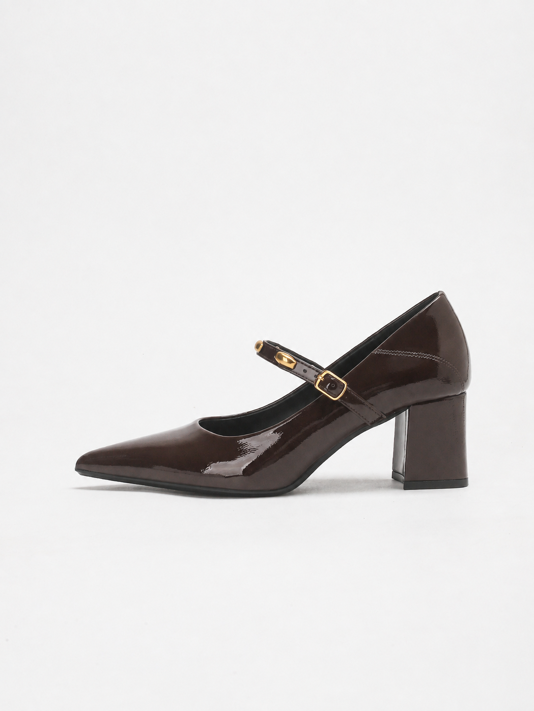 Mescini brown studded strap Mary Jane heels, single shoe in full side view, US women's sizes