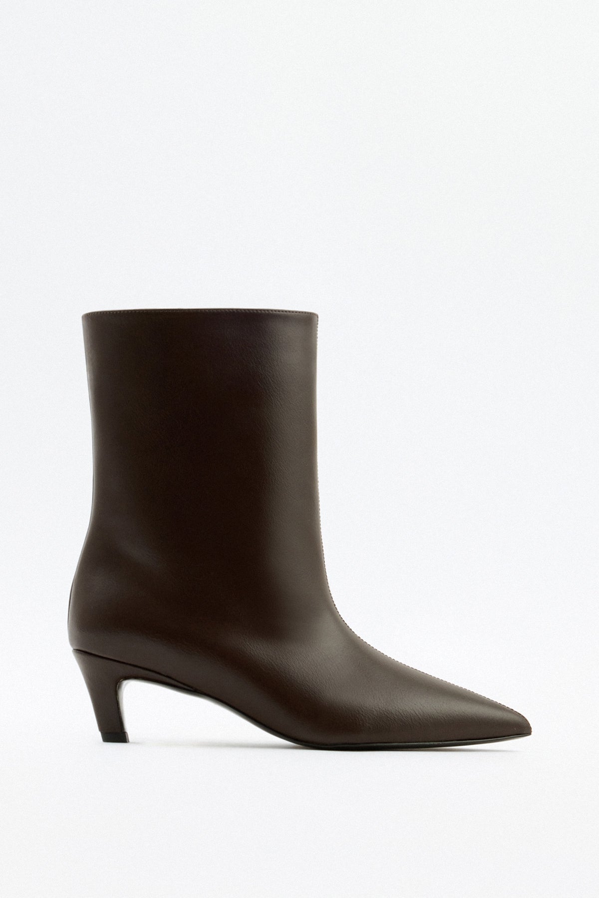 Mescini dark brown pointed toe ankle boots, full side view on a studio backdrop, US sizes