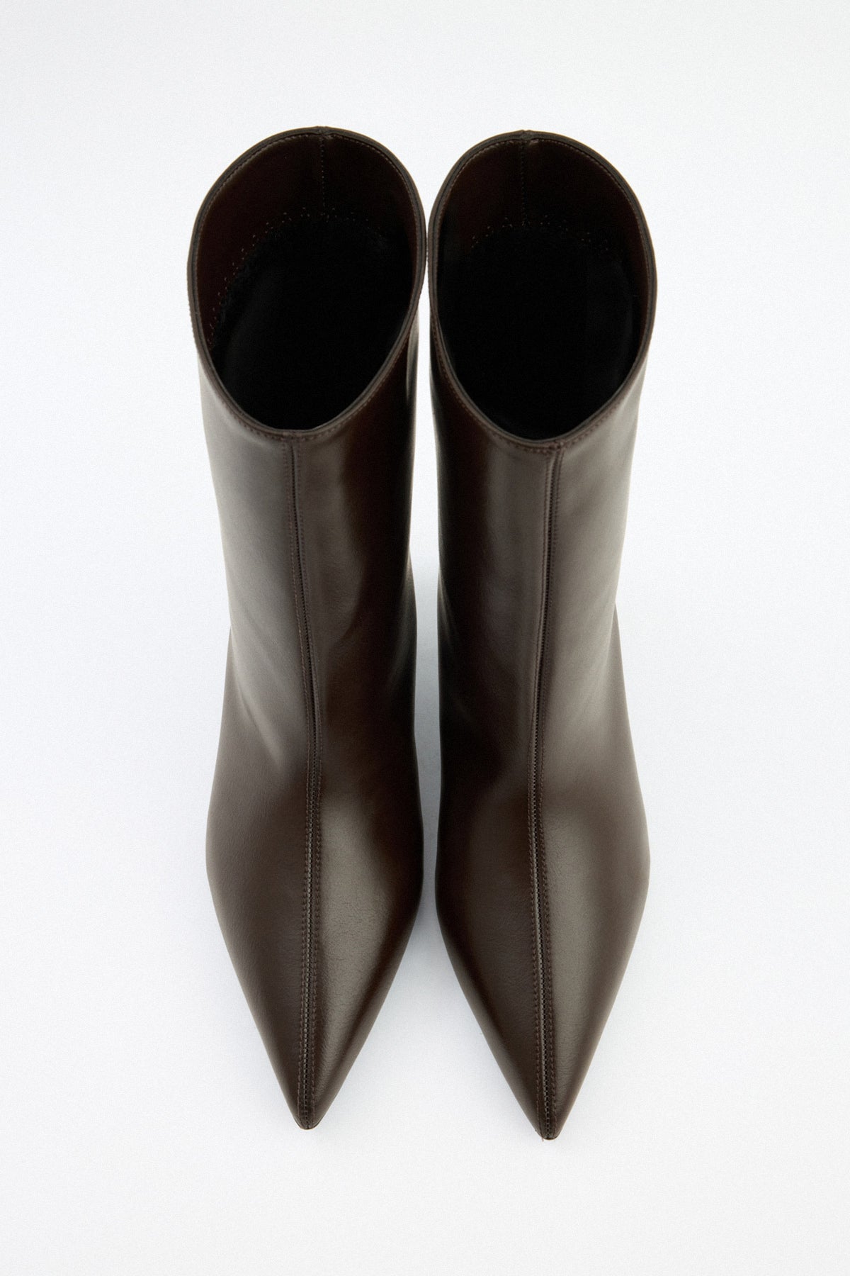 Mescini dark brown pointed toe ankle boots, pair seen from above, shafts open, US sizes