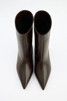 Mescini dark brown pointed toe ankle boots, pair seen from above, shafts open, US sizes