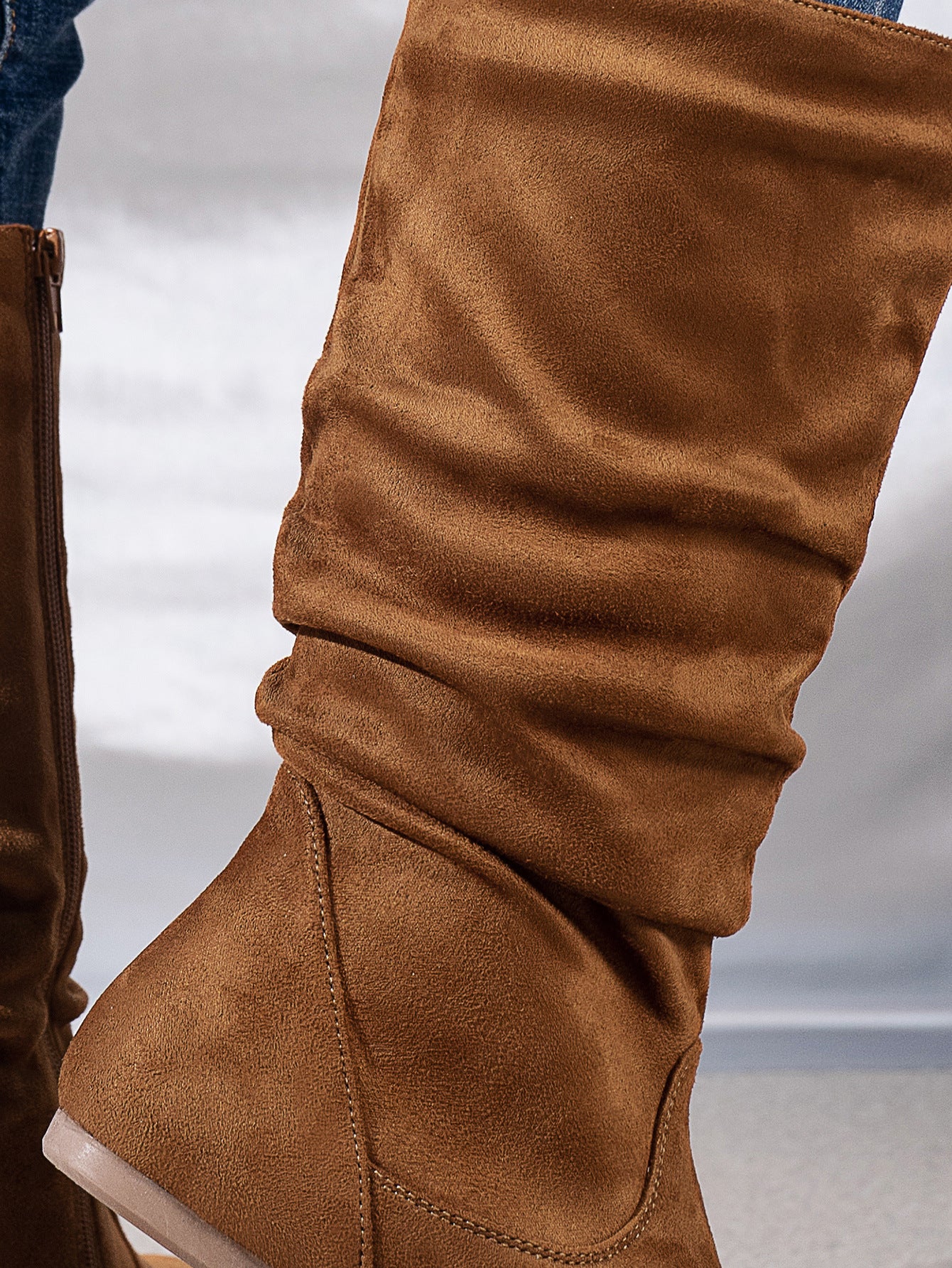Mescini brown pleated slouch flat mid calf boots, close up of the gathered shaft, US women's sizes